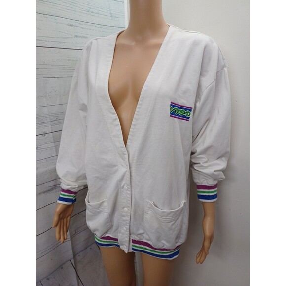 Jantzen Sweaters - Vtg Jantzen Cardigan Sweater White Blue Purple V Neck Art Wear Sz L